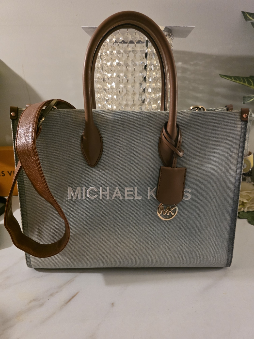 Michael Kors Light Blue Denim Tote with Brown Leather Handles